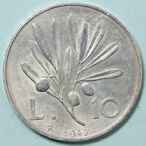 イタリア共和国 10 リラ 1947 オリーブ ツリー 非常に希少なきれいな SPL アルミニウム コイン-|WORLD RESOURCE【KING店】