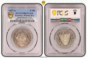 ワイマール 3 マーク ブレーマーハーフェン 1927 A PCGS PR67CAM プルーフ 72497
