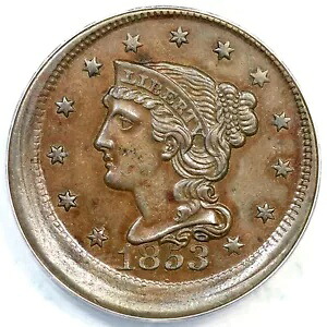 1853 ANACS AU 55 5% オフ センター編み込みヘア ラージ セント コイン 1c|WORLD RESOURCE【KING店】