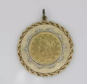 1895 $10 ゴールド リバティ ヘッド イーグル & 14K ゴールド ダイヤモンド ベゼル ペンダント 32.2 gr|WORLD RESOURCE【KING店】