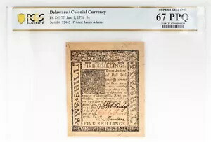 DE-77、1776 年 1 月 1 日、5 シリング、デラウェア植民地通貨、PCGS 67PPQ|WORLD RESOURCE【KING店】