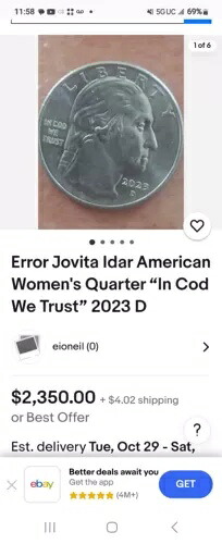 エラー・ジョビタ・イダール・アメリカン・ウィメンズ・クォーター「In Cod We Trust」2023 D|WORLD RESOURCE【KING店】
