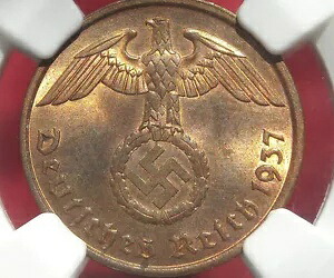 NGC MS-65 RB ナチス卍 1937-A 2 ReichPfennig Coin-ドイツ第 3 帝国造幣局!!|WORLD RESOURCE【KING店】