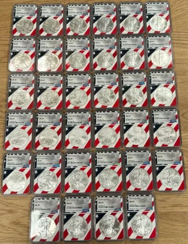 1986-2019 $ アメリカン シルバー イーグル 34 コイン セット 米国旗コア MS69 NGC DC-6921|WORLD RESOURCE【KING店】