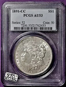 1891-CC モーガン シルバー ダラー。 PCGSホルダー内。 AU 53.K035