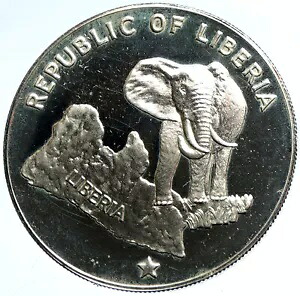 1975 リベリア州地図 象付き 古いヴィンテージ プルーフ シルバー $5 コイン i102892｜WORLD RESOURCE【KING店】