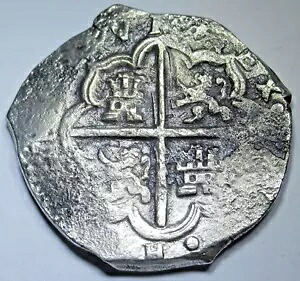 1600年代 XF-AU 難破船 スペインシルバー 4 レアル 本物のコロニアル海賊コブコイン