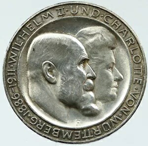 1911 ドイツ ヴュルテンベルク州 ヴィルヘルム 2 世 結婚式 0.48 オンス シルバー 3 マーク コイン i117648｜WORLD RESOURCE【KING店】
