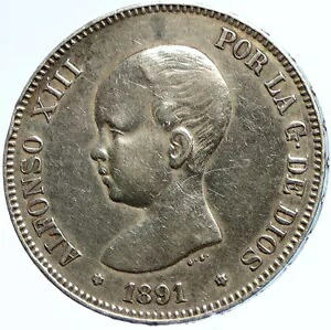 1891 年 スペイン スペイン国王 アルフォンソ 13 世 アンティーク シルバー 5 ペセタ コイン i113397｜WORLD RESOURCE【KING店】
