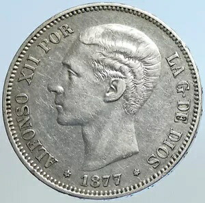 1877 スペイン w キング アルフォンソ 12 世 アンティーク シルバー 5 ペセタ 古いスペインのコイン i113272｜WORLD RESOURCE【KING店】