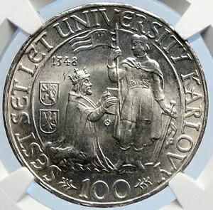 1948 チェコスロバキア - カレル大学 OLD シルバー 100 コルン コイン NGC i105883|WORLD RESOURCE【KING店】