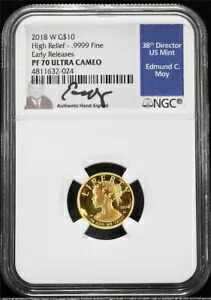 2018-W $10 1/10オンス.9999 プルーフ ゴールド アメリカン リバティ HR NGC PF 70 UC FDI モイ