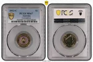 オーストラリア 2013 戴冠式 $2 コイン C ミントマーク PCGS MS67 #8680