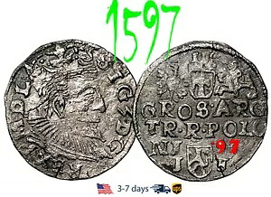 ポーランド中世ジギスムント 3 世、3 グローシェ グロシェン - トロヤク 1597 銀貨#16479 54,120円