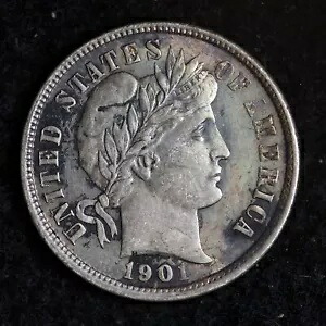 1901 バーバー シルバー ダイム AU TONED オールド コイン B135