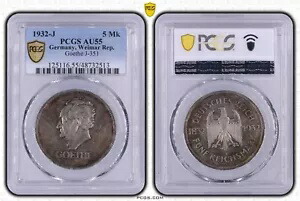 コイン 5 ライヒスマルク 1932 J ゲーテ PCGS AU55 美しい緑青 非常に珍しい NSWLEIPZIG-