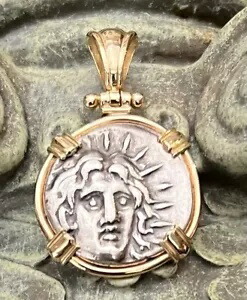 本物の古代ギリシャのコイン 紀元前 250 〜 230 年 ヘリオス ローズ太陽神ロードス 14K ペンダント画像