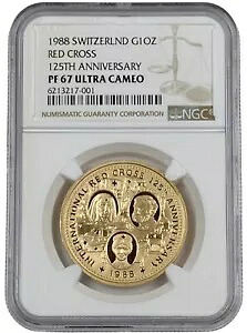 1988 赤十字社創立 125 周年記念ゴールド スイス プルーフ 1 オンス コイン NGC PF 67 UC｜WORLD RESOURCE【KING店】