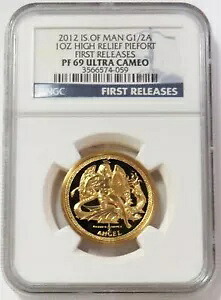 2012 ゴールド アイル オブ マン ピーフォート 1 オンス エンジェル ハイ レリーフ NGC PF 69 UC ファースト リリース