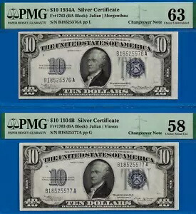 1934A 1934B $10 シルバー証明書 PMG 63 トップポップのみ既知の切り替え BA ブロック｜WORLD RESOURCE【KING店】