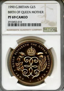 1990 ゴールド イギリス 5 ポンド ソブリン クイーン マザー NGC プルーフ 69 ウルトラ カメオ