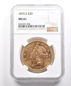 1875-S $20 リバティ ヘッド ゴールド ダブル イーグル MS61 NGC *3344