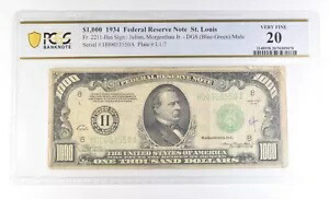1934 $1000 セントルイス MO FRN Fr#2211-Hm 非常に細かい 20 PCGS *4722
