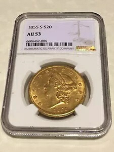 1855-S AU53 NGC リバティ ダブル イーグル 20 ドル ゴールド コイン 大きな魅力 (PCGS なし)