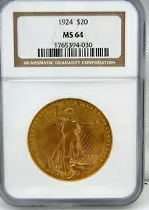 1924 年 $20 サン ゴーダン ゴールド ダブル イーグル コイン MS-64 NGC 製