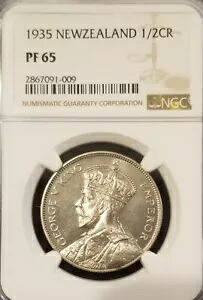ニュージーランド 1935 1/2 クラウン 極めて希少なジェム プルーフ NGC Pf 65 ミンテージ 364 コイン