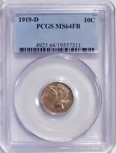 1919-D 10c PCGS MS 64 FB オールド ホルダー ~ ベターデイト フルバンド シルバー マーキュリー ダイム