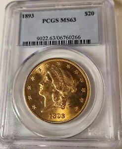 1893年 $20 リバティヘッド ダブルイーグル タイプ3 金貨 PCGS MS63