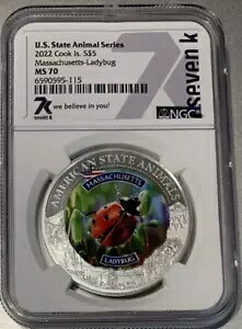 2022 NGC シルバー 1 オンスMS70 州動物シリーズ マサチューセッツ てんとう虫 $5|WORLD RESOURCE【KING店】