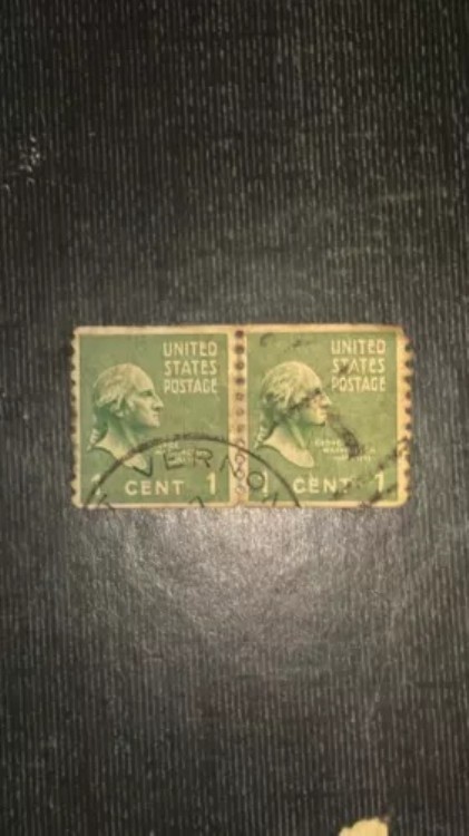 ジョージ・ワシントンの1セント緑色切手2枚、右向き、セテネット、希少画像