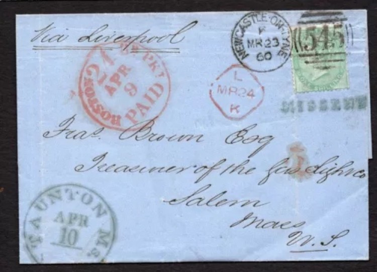 1860 SG 72 全体 - 1/- グリーン ニューカッスルからセーラム マサチューセッツ州 US MISSENT から T