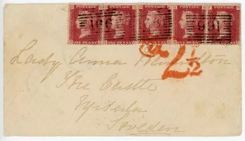 希少な 1873 年の表紙。5、1 ペンスの赤、pl 164、Morayshire の Grantown からスウェーデンまで。