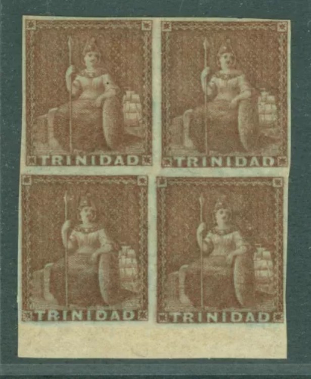 SG 7 トリニダード 1853年。1ペンス 茶褐色。非常に良好なミントブロック、4枚。1切手… 237,050円