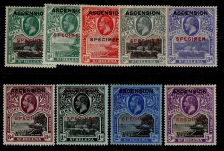 ASCENSION GV SG1s-9s、1922年製 スペシメンセット、NH MINT。カタログ価格800ポンド。