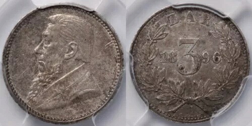 PCGS 鑑定済み AU55 南アフリカ ZAR 1896 スリーペンス 3D KM-3 約未使用銀貨