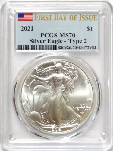 2021年 アメリカン シルバー イーグル ドル FDOI タイプ2 フラッグラベル PCGS MS70