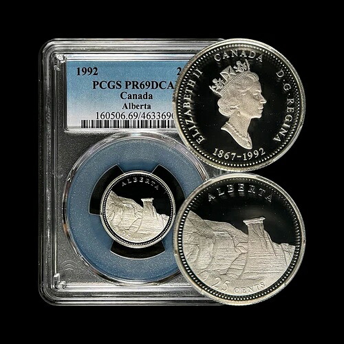 カナダ、1992年、25セント、銀貨 - PCGS PR69 - 125番地、アルバータ州、ドラムヘルター