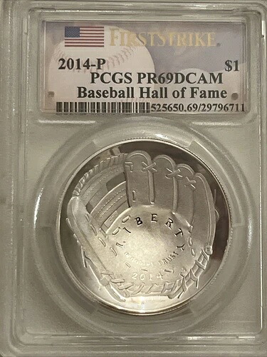 2014-P PCGS PR69DCAM 野球殿堂シルバードル ファースト ストライク。