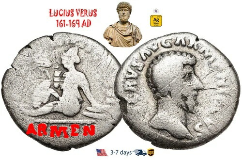 古代ローマ帝国 コイン シルバー デナリウス LUCIUS VERUS 161-169 本物 #31199