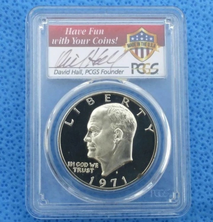 1971 S PCGS PR 69 D-Cam シルバー アイゼンハワー $1、デビッド・ホール直筆サイン入り、Pop 335