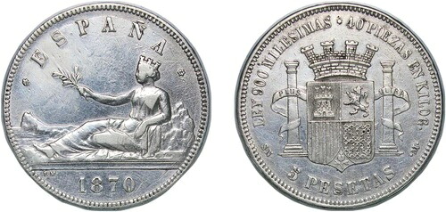スペイン 1870 1870 SNM 5ペセタ 銀貨 900 XF