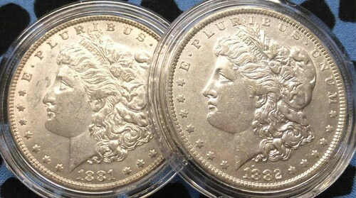 2 モルガン銀貨、アメリカ合衆国 1 ドル硬貨、AU/BU 1881、1882 O