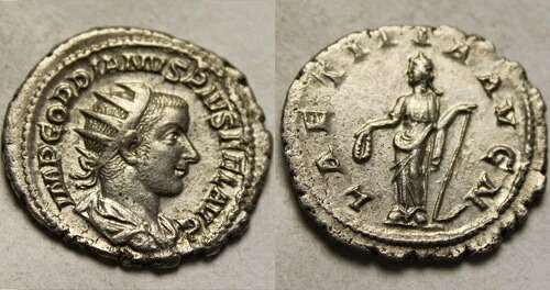 ゴルディアヌス3世 希少な古代ローマ銀貨 アントニニアヌス 238年 ラエティティア