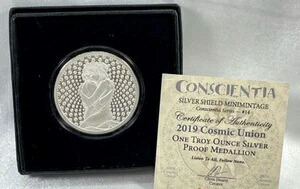 1オンス .999 シルバーラウンドコイン 2019 シルバーシールドプルーフ コズミックユニオンボックス＆COA 新品