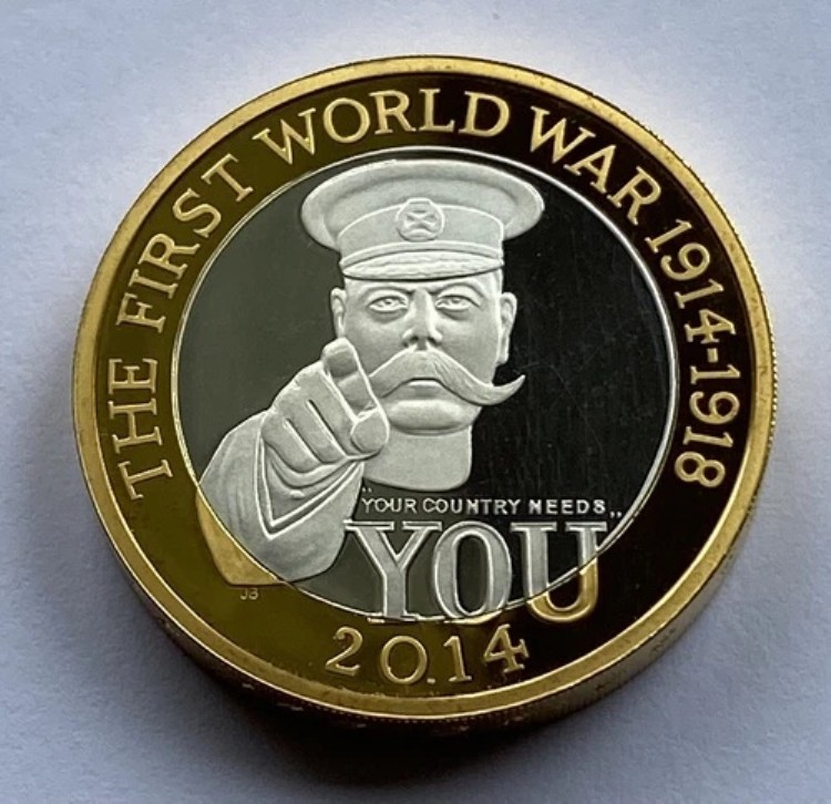 第一次世界大戦勃発 2014年 イギリス ピエフォート 2ポンド銀貨 プルーフ 24g。若干の変色あり。(M3519)