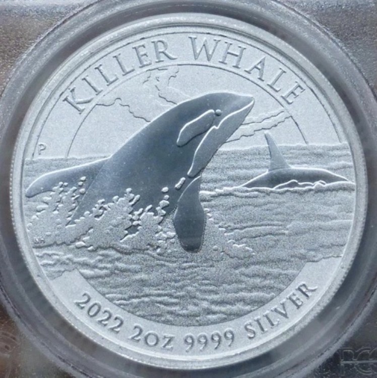 2オンス .9999 銀貨 オーストラリアドル 2ドル、PCGS MS 69 リバースプルーフ シャチ/オルカ、2022年